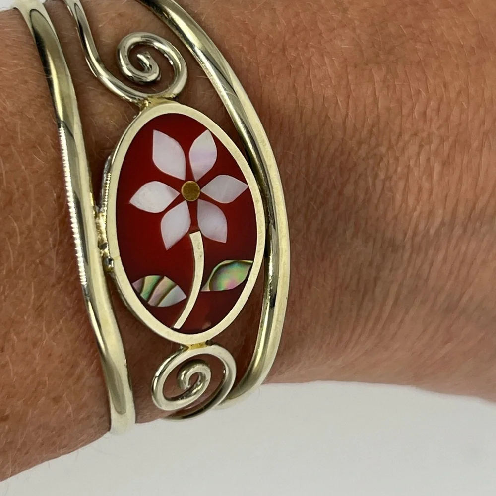 EUC~ Silver Abalone Pearl Inlay Red Carnelian Shell Mexico Cuff Flower Bracelet